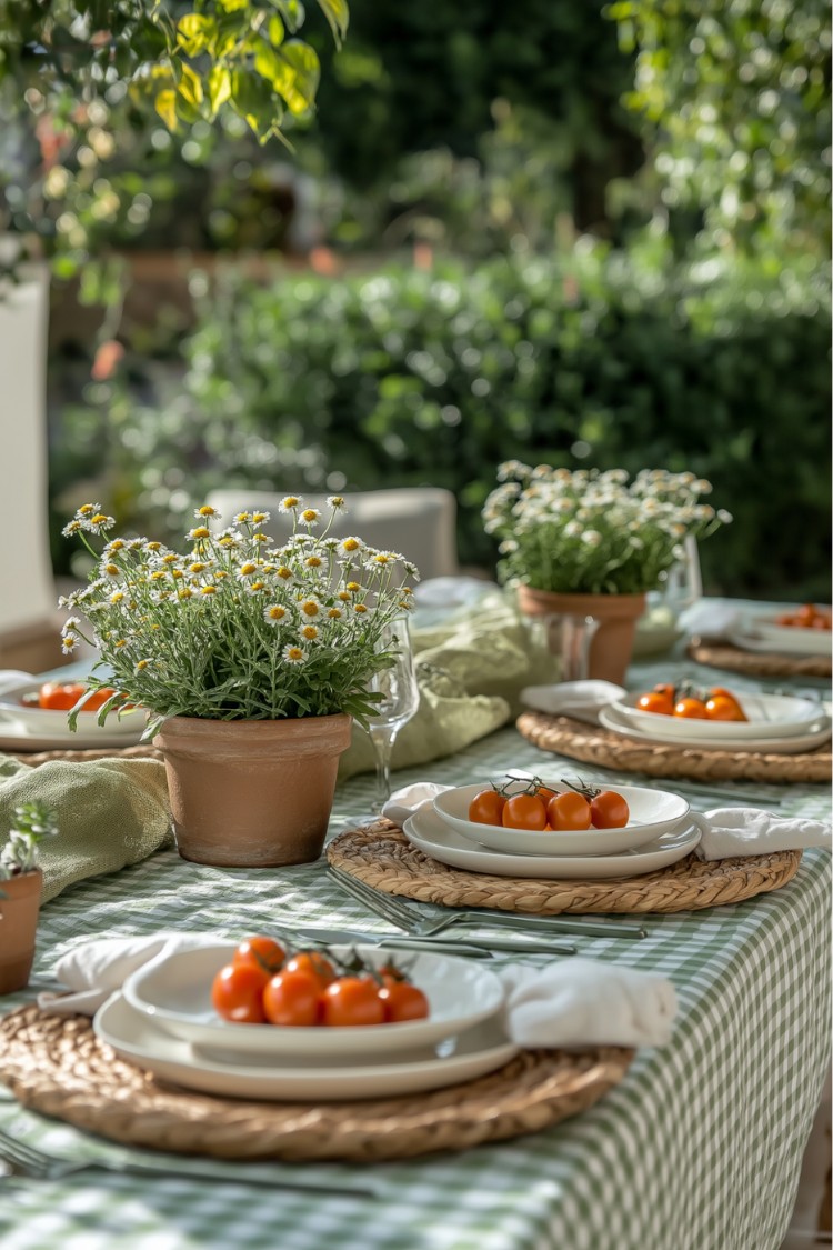 3. Sage Plaid Tablecloth with Burlap Runner