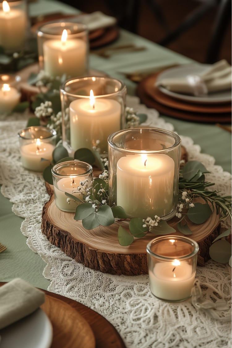 5. Rustic Sage and Wood Centerpiece