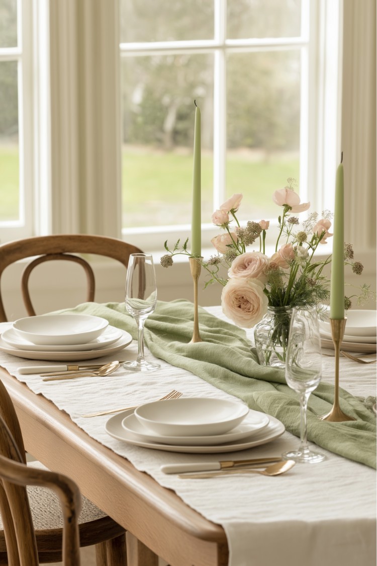 16. Minimalist Sage Green and Linen Tablescape
